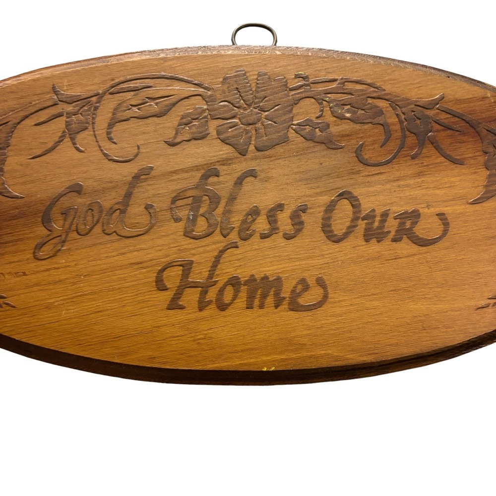 Vintage God Bless Our Home Oval Wood Wall Plaque Engraved Floral Wheat 14 Inch - Picture 3 of 8